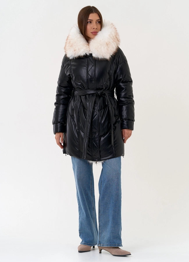 Женский пуховик из эко кожи с отделкой из эко меха модель № 30735 универмаг малина