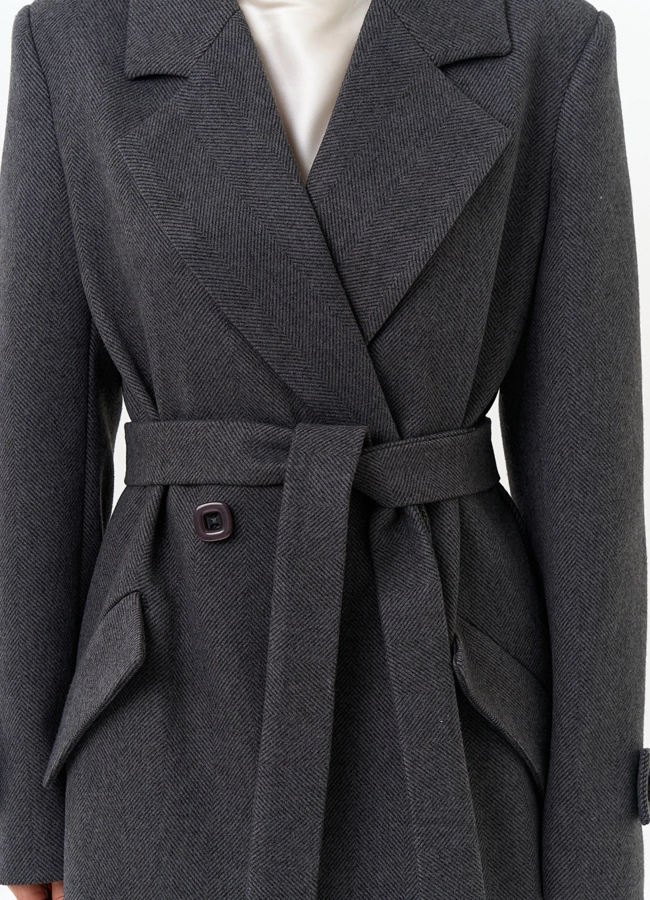 Женское длинное пальто с поясом модель № 32813 универмаг малина