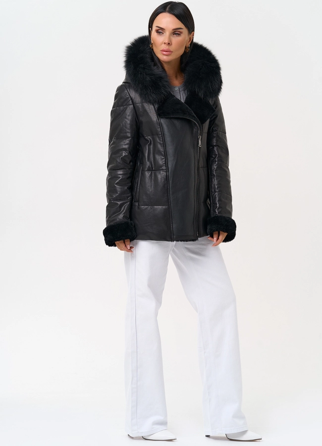 фото Короткий пуховик из натуральной кожи с капюшоном модель № 31374