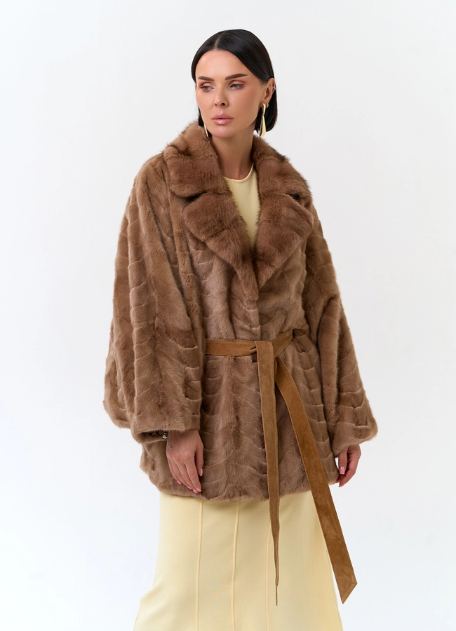 Шуба из меха норки с поясом модель № 33822 универмаг малина