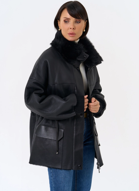 Женская натуральная дубленка с воротником стойкой