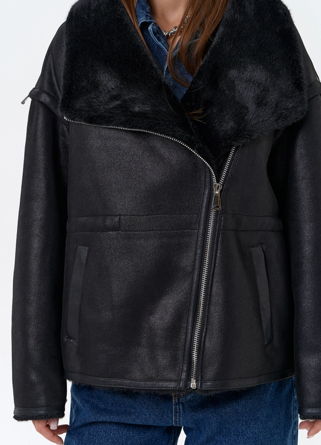 Женская дубленка из эко замши в черном цвете модель № 31433 универмаг малина