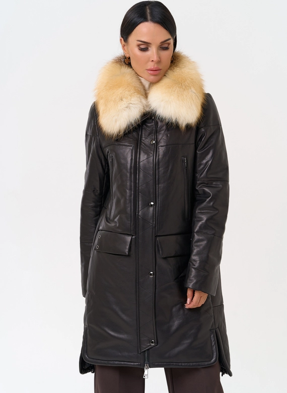 Кожаный пуховик с воротником из лисы фото